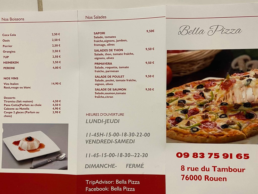 menu bella pizza